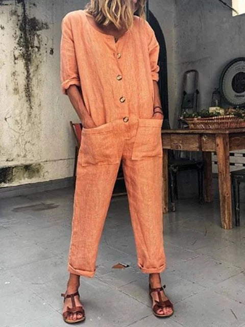 Pocket Long Sleeve Solid Color Jumpsuit