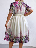 Plus Size Floral Tie Waist Surplice Neck Dress