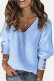 V-Neck Lantern Sleeve Buttoned Sweater