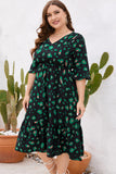 Plus Size Printed Flare Sleeve V-Neck Dress