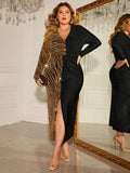 Plus Size Contrast V-Neck Slit Dress