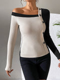 Asymmetrical One Shoulder Contrast Color Buttoned Blouse
