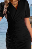 Surplice Neck Ruched Puff Sleeve Dress